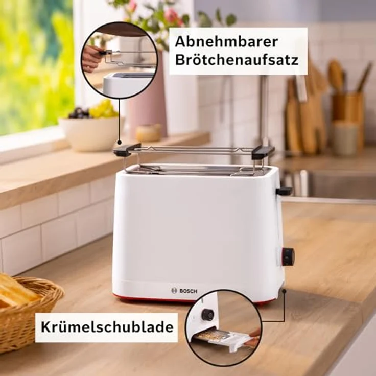 Bosch Kompakt Toaster MyMoment TAT3M121, entnehmbarer klappbarer Brötchenaufsatz, mit Auftaufunktion, Abschaltautomatik, Liftfunktion, Brotzentrierung, ideal für 2 Scheiben, 800 Watt, Weiß matt – Bild 3