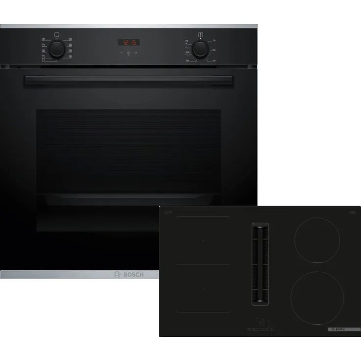 Bosch Einbau-Backofen-Set HBA234BB3 + Induktionskochfeld mit Dunstabzug PVS811B16E, 71 l Garraum, Schwarz, 7 Beheizungsarten, 80 cm