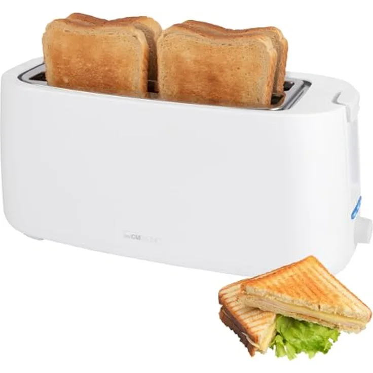 Clatronic Toaster 4 Scheiben | Langschlitztoaster mit Auftau-/Aufwärm-/Schnellstoppfunktion | Toaster mit Brötchenaufsatz | Toaster weiß auch für Toastbrötchen & Fertigwaffeln | TA 3802