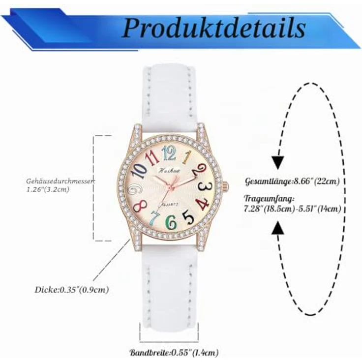 JewelryWe Armbanduhr Damen, Leder mit Glitzer Strass und Regenbogen großen arabischen Zahlen, Weiß, Analog Quarz, 10m wasserdicht – Bild 5