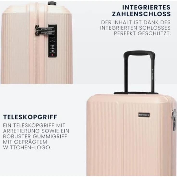 WITTCHEN Stripes Line Kofferset, Hartschalenkoffer aus robustem ABS mit Kosmetiktasche, 4 Doppelrollen, Teleskopgriff, Zahlenschloss, Puderrosa, Set S+M+L+XL – Bild 4