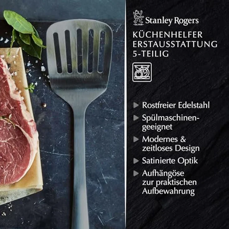 Stanley Rogers Küchenhelfer Set, 5-teiliges Premium Kochbesteck aus rostfreiem Edelstahl, schwarz, mit ergonomischen Griffen und platzsparender Aufbewahrung – Bild 3