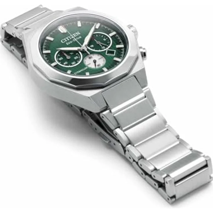 Citizen CA4691-59X Zenshin Senkei Eco-Drive Solar Chronograph, silberfarbenes Super-Titanium Gehäuse, grünes Zifferblatt, Gliederband, 10 ATM wassergeschützt – Bild 3