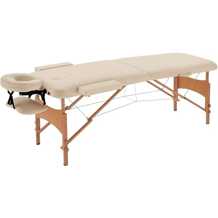 HOMCOM Massagetisch, faltbar, höhenverstellbar, aus Buchenholz, weiß, 182x87x60 cm, bis 250 kg belastbar, inkl. Tragetasche – Bild 1