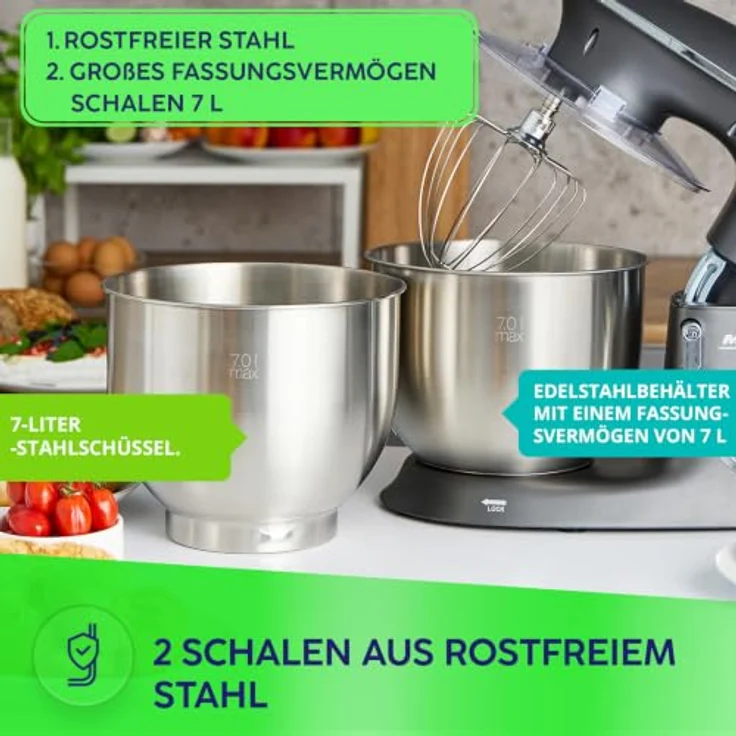 MPM MRK-23, planetarischer Küchenroboter mit 2 Edelstahlschüsseln (je 7 l, grau), 2400 W, 6 Geschwindigkeitsstufen – Bild 3