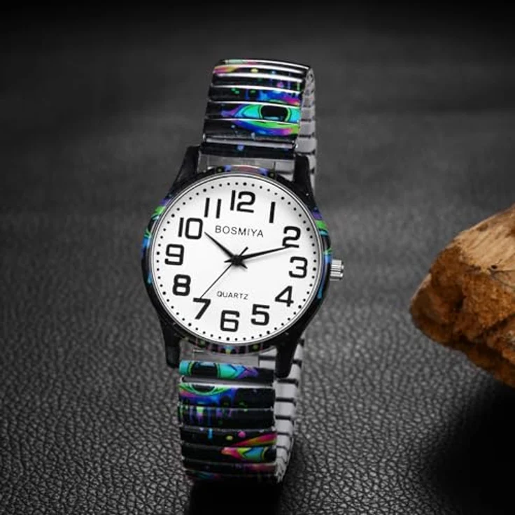 JewelryWe Damenuhr Halloween Teufelaugen, Elastische Quarz-Armbanduhr mit Edelstahl Stretcharmband und Großem Ziffernblatt, Ideal für Senioren und Halloween-Fans – Bild 4