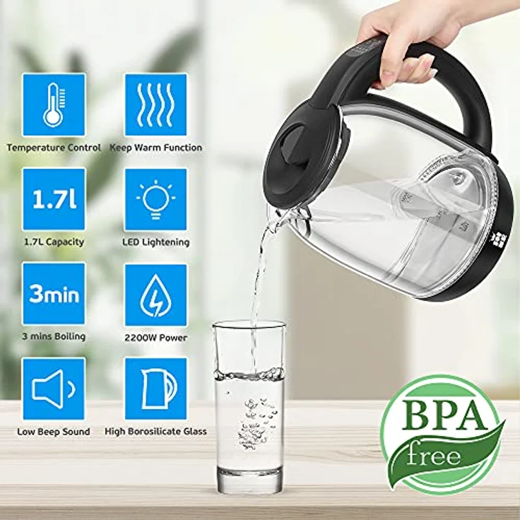Forme FKG-227 Wasserkocher, 2200W, 1,7 Liter, Warmhaltefunktion, mit Temperatureinstellung, Glas, Edelstahl, schwarz – Bild 5
