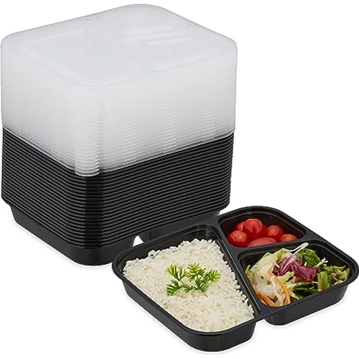 Relaxdays 24er Set Meal-Prep-Boxen, Lunchbox mit 3 Fächern, mikrowellen- und gefriergeeignet, Schwarz – Bild 1