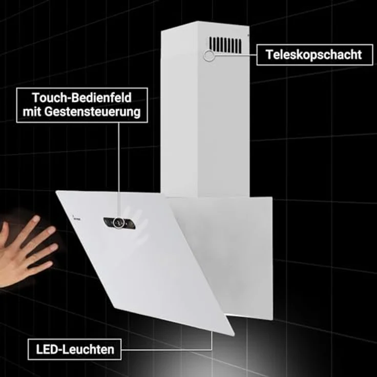 KKT KOLBE BASE6002W Dunstabzugshaube 60cm A+++ | Kopffrei Wandhaube in Weiß mit Glas, LED-Beleuchtung, Gestensteuerung und Aktivkohlefilter – Bild 5