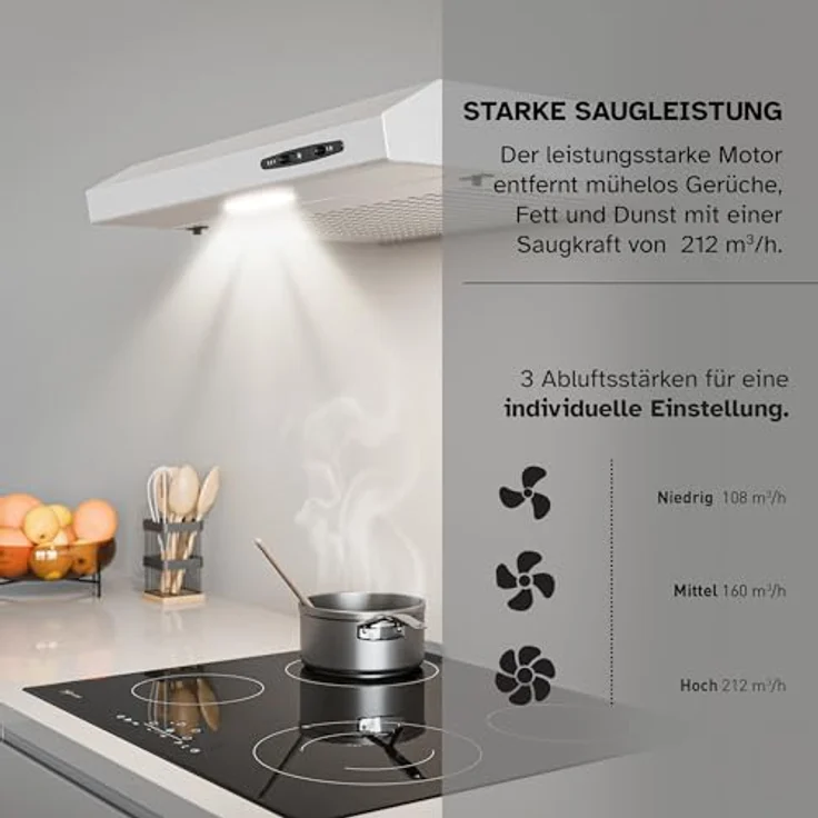 HEINRICHS Dunstabzugshaube 60cm Unterbauhaube, 212m³/h Saugkraft, Edelstahl, mit LED Beleuchtung, 3 Geschwindigkeitsstufen, inkl. Kohlefilter, 87W Leistung – Bild 4