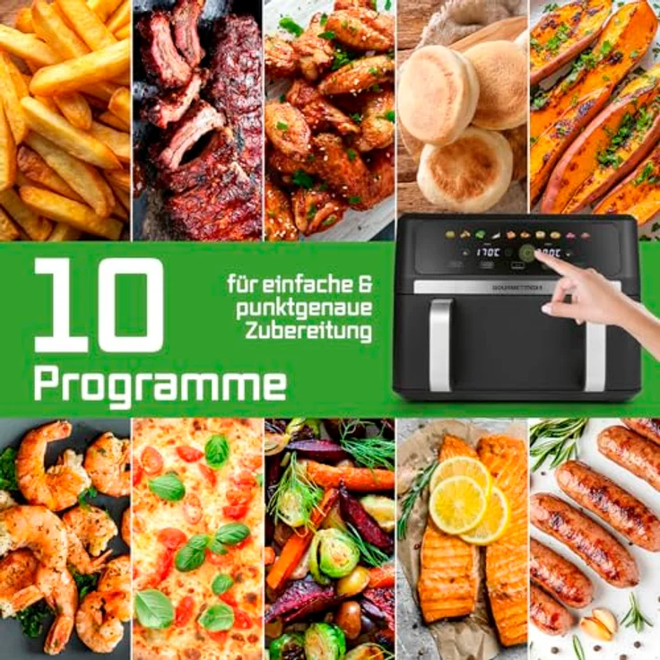 GOURMETmaxx Heißluftfritteuse AirGenius 10 l (2 x 5 l), Vario-Kammer, 2800 W, 10 Programme, Multi-Colour-LED-Touch-Display – Bild 11