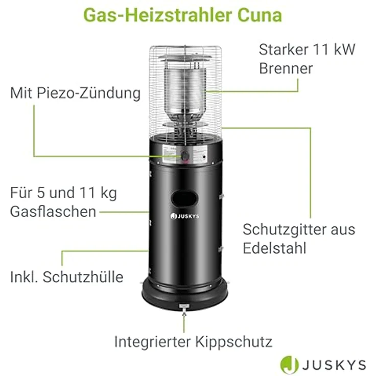 Juskys Outdoor Heizstrahler Cuna mit 11 kW Gas-Brenner - Heizpilz Terrassenheizer mit Gas für Terrasse Balkon und Garten - für 5 und 11 kg Gasflaschen – Bild 3
