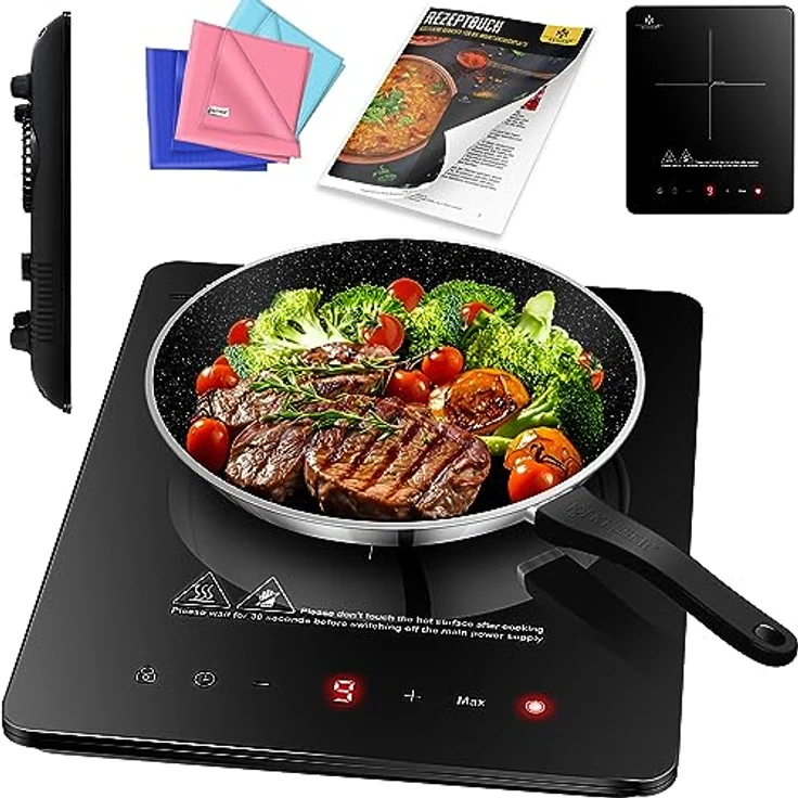 KESSER® Induktionskochplatte Induktionskochfeld 1 Platte 2100W Tragbares 28cm Kochplatte + 3x Mikrofasertuch + 1x Rezeptbuch, 9 Heizstufen, 8-Stunden-Timer, Touch-Steuerung, Booster-Funktion 220-240V – Bild 1