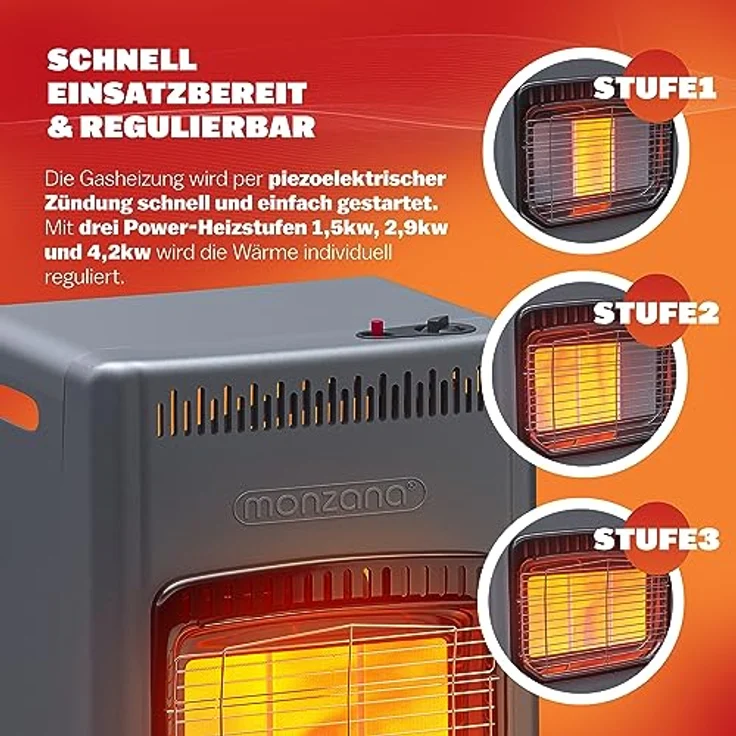 MONZANA® Gasheizung GH4500 Innenräume 4200W Gasofen 3 Heizstufen inkl. 50cm Gasschlauch Gasdruckregler Keramikheizplatten Camping Gasheizofen mobil – Bild 3
