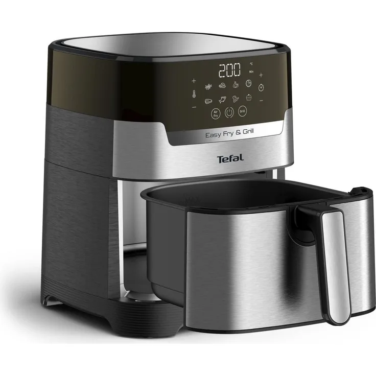 Tefal Easy Fry & Grill DELUXE EY505D Heißluftfritteuse, 4,2 L, 80- 200 °C, 6 Personen, Timer 60 min, edelstahl, schwarz