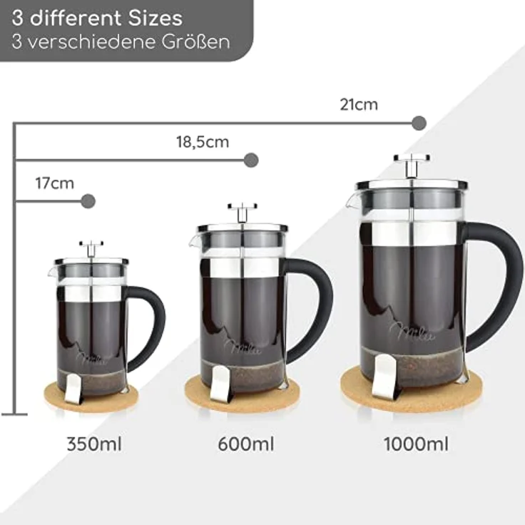 Milu French Press Kaffeebereiter | 350ml, 600ml, 1L | Glas Kaffeepresse, Kaffeezubereiter für Zuhause Reisen Camping inkl. Untersetzer, Löffel, Ersatzfilter (Edelstahl, 600ml (3 Tassen) – Bild 5