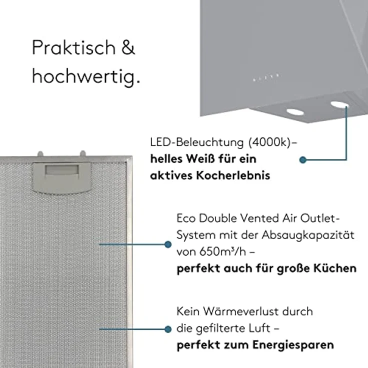 Wiggo Dunstabzugshaube 60cm kopffrei I Abluft Umluft Dunstabzug 650m³/h - Touch-Display 4 Stufen I Energieeffizienzklasse A Schräghaube inkl. Fettfilter & 2x Kohlefilter I Abzugshaube Glasfront grau – Bild 3