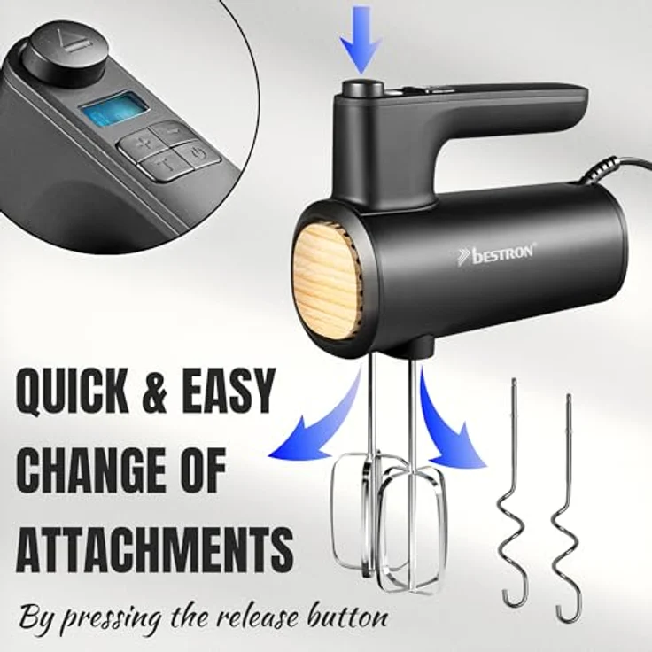 Bestron Power Handmixer AHMD100BW, 400W leistungsstarker Handmixer mit 6 Stufen, Turbo-Funktion, LCD-Display, Schwarz/Holz – Bild 4