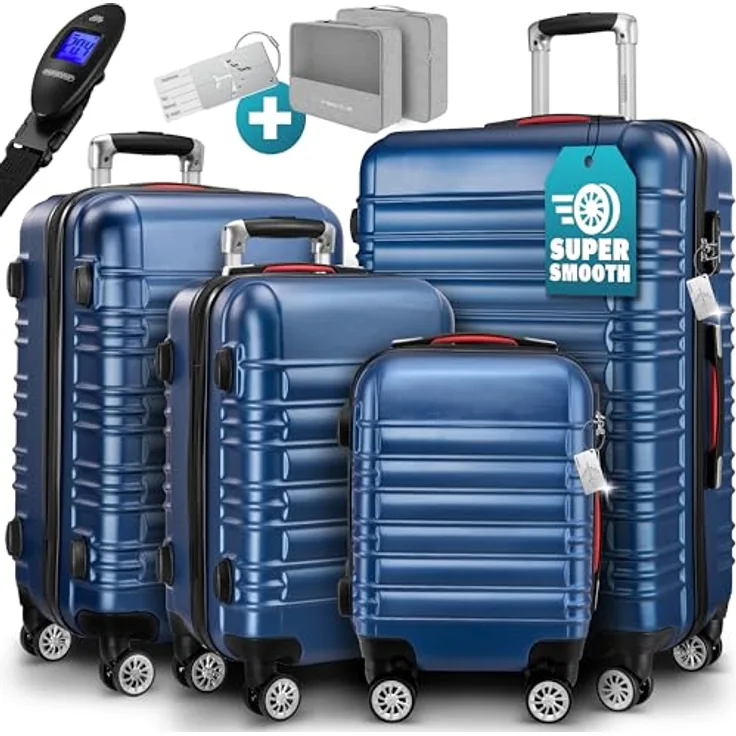 MONZANA® 4tlg Kofferset Hartschale Trolley Reisekoffer Organizer mit Zwillingsrollen Gurt Gel-Griffe Standfüße Kofferwaage S-M-L-XL Blau