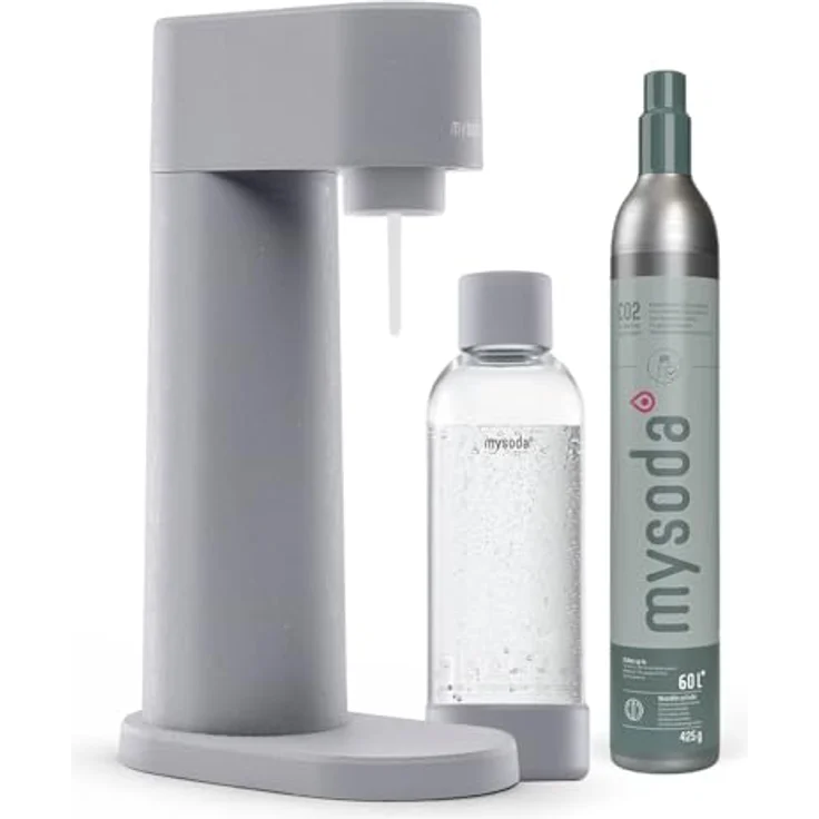 Mysoda Woody Set, Wassersprudler aus erneuerbarem Holzkomposit mit 1L Quick-Lock BPA-freier Plastikflasche und CO2-Zylinder, grau – Bild 2