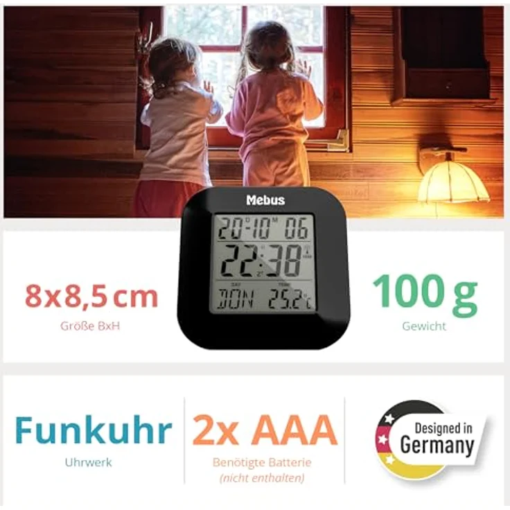 Mebus digitaler Funkwecker Modell 51510, mit Thermometer, Datumsanzeige und Snooze-Funktion, Schwarz, 8 x 8,5 x 1,8 cm – Bild 5