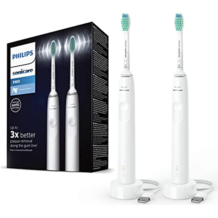 Philips Sonicare 3100 Series elektrische Zahnbürste mit Schalltechnologie Doppelpack, mit Drucksensor und Bürstenkopf-Wechselanzeige, weiß (Modell HX3675/13) – Bild 1