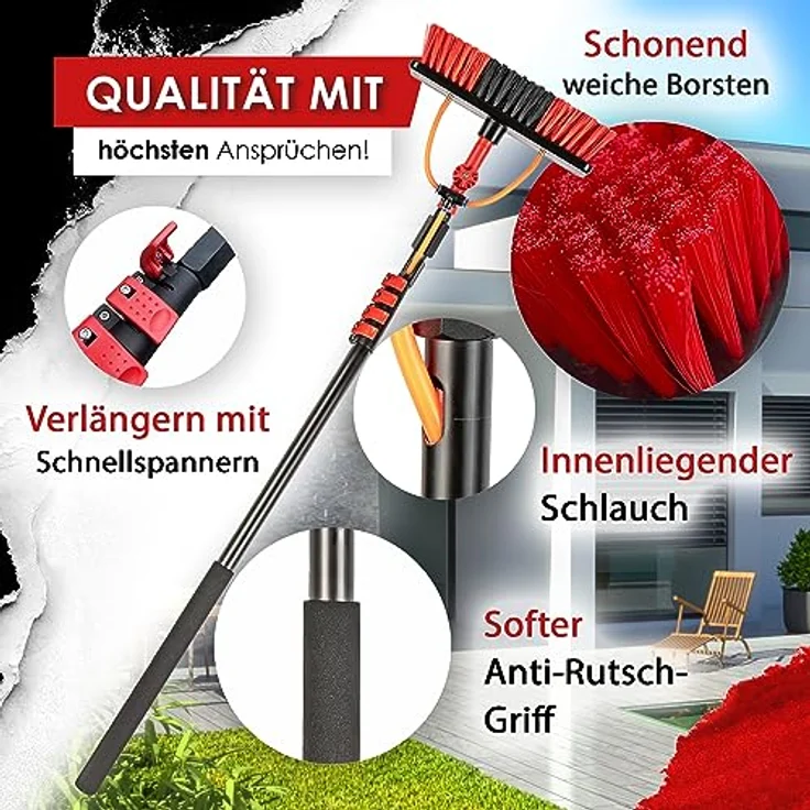 BoomDing Teleskop Waschbürste 4,6 Meter ausziehbar Teleskopstange Fensterreinigung aus Aluminium zur Reinigung von Solaranlage Terrassendach Wintergarten Reinigungsset PV Anlage Reinigung, Umweltfreundlich, inkl. Seifenspender – Bild 4