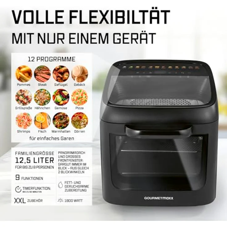 GOURMETmaxx Heißluftfritteuse Heißluftofen 1800 W, 12 Programme, 12,5 l, Panoramadach & Frontfenster, Fettauffangschale – Bild 2