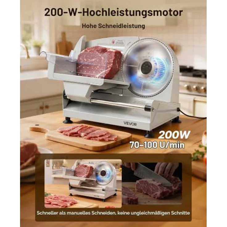 VEVOR Fleischschneidemaschine SL520, Elektrische Aufschnittmaschine mit 190-mm-SUS420-Klinge, 200 W Leistung, grau, 0–15 mm Schnittdicke – Bild 2