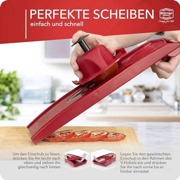 Börner Gemüsehobel V1 ClassicLine Profi Set, Kunststoff, mit 2 Messereinschüben und Dockingstation rot – Bild 7
