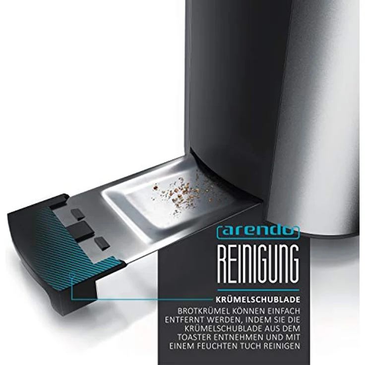 Arendo Edelstahl Toaster Langschlitz 4 Scheiben - Defrost Funktion - wärmeisolierendes Gehäuse - mit integrierten Brötchenaufsatz - 1500W - Krümelschublade - Display mit Restzeitanzeige - Cool Grey – Bild 4