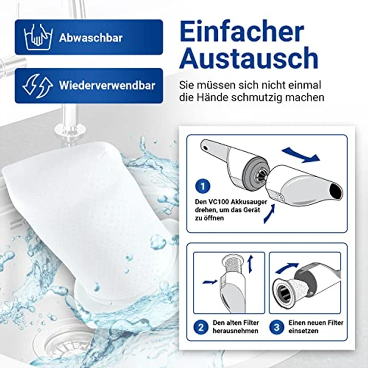 VIOKS Schmutzfilter Set 2Stk für Vorwerk Kobold VC100, Staub- und Allergiefilter, 70mm x 70mm x 75mm – Bild 5