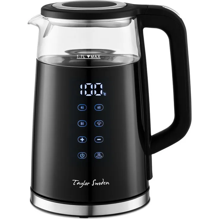 Taylor Swoden Wasserkocher Glas Edelstahl, 1,7 L, 2200 W, mit Smart LED Temperaturanzeige und Warmhaltefunktion, Schwarz
