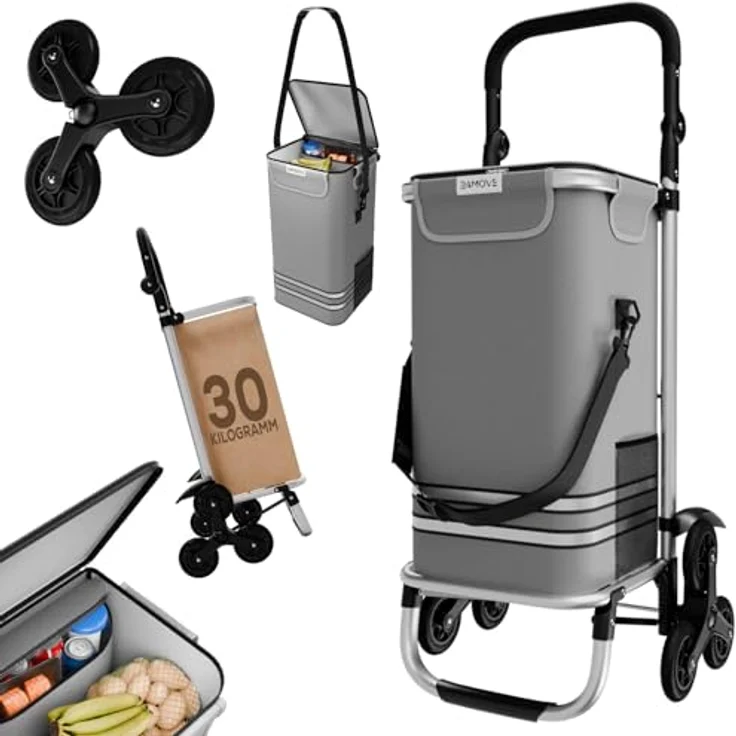 24MOVE® Einkaufstrolley Alegre, klappbar mit 55L Kühlfach, faltbarer 3in1 Trolley - Sackkarre und Tasche, grau, bis 30kg belastbar – Bild 1