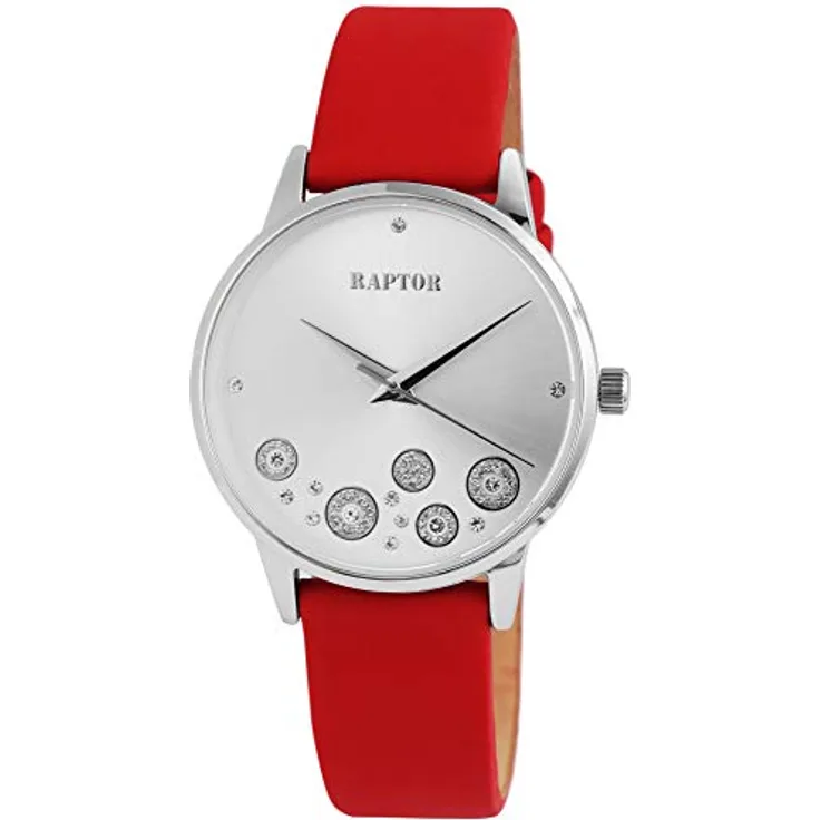 Raptor Damen-Uhr Echt Leder Elegant Strass-Steine Glitzer Analog Quarz RA10177 (rot)