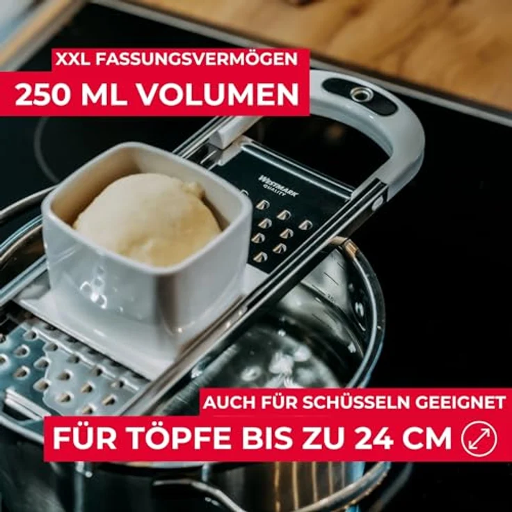 Westmark Spätzlehobel mit Teigschlitten, Spätzlereibe für Topfdurchmesser bis zu 24 cm, Rostfreier Edelstahl-Kunststoff, Knöpfle, Weiß-Silber, 61122270 – Bild 5