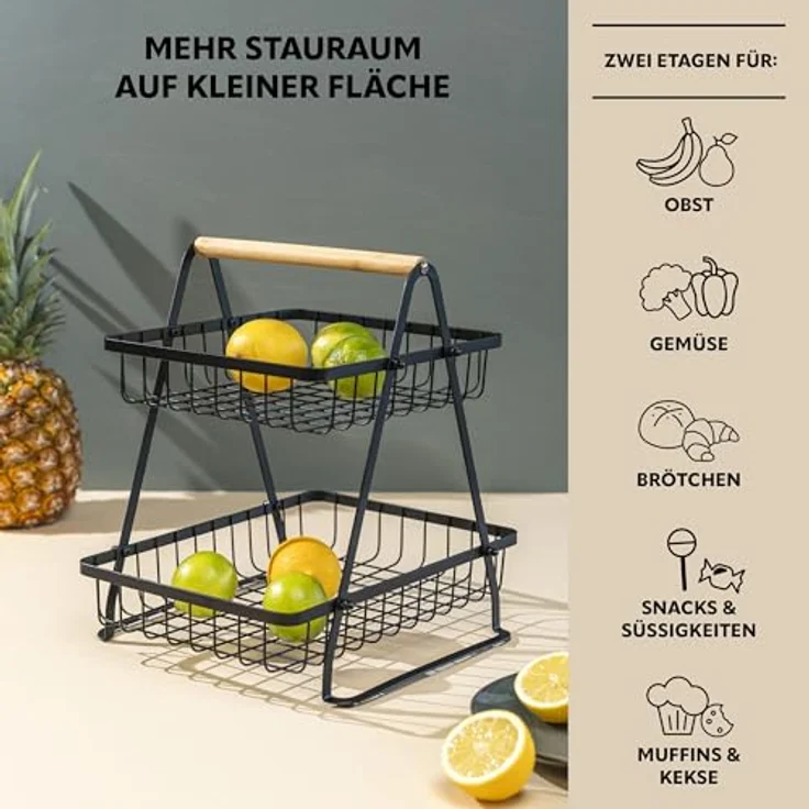 eluno Obstschale 2-stöckige Etagere, Bambus und schwarz, platzsparend und luftdurchlässig – Bild 3