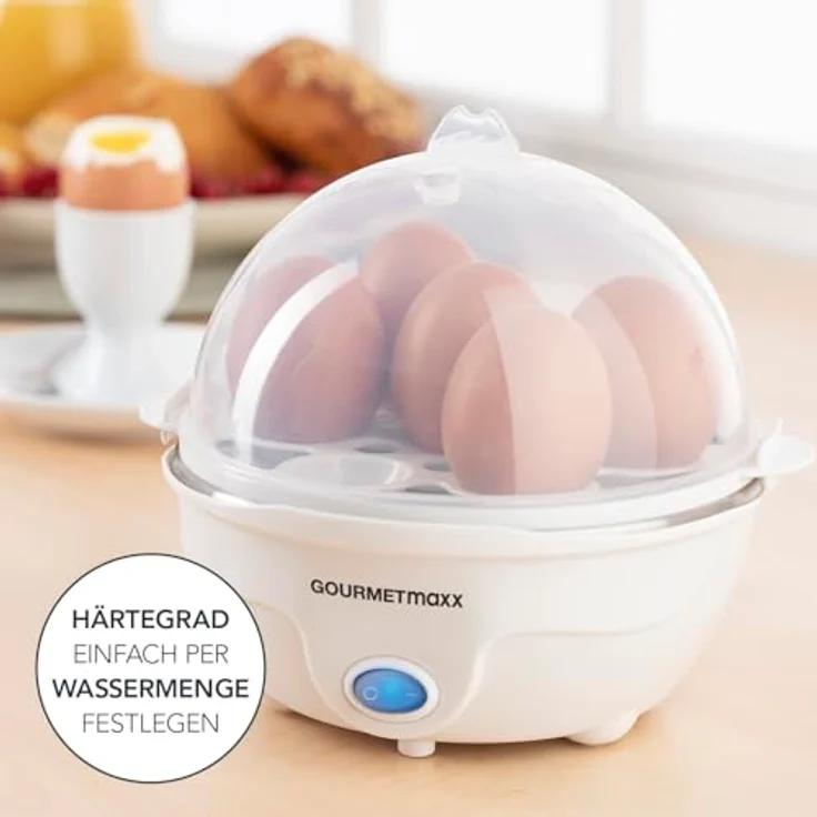 GOURMETmaxx Eierkocher für bis zu 7 Eier | Elektrischer Egg Cooker für individeulle Härtegrade | Inkl. Messbecher mit Ei-Pick für perfekte Ergebnisse | Mit Dampfauslassung [350 W] – Bild 3