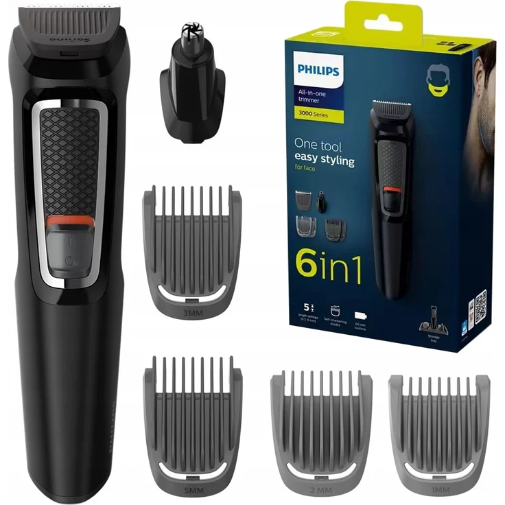 Philips Multigroom Series 3000 MG3711/15, Elektrischer Rasierer in Schwarz, vielseitiger Trimmer für Bart- und Haarpflege, ergonomisches Design, leistungsstarker NiMH-Akku, genaue Längeneinstellungen.
