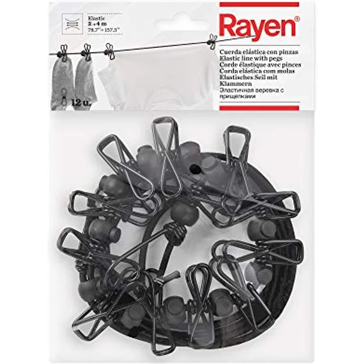 Rayen 0340 elastische Schnur Maße von m Länge | 12 Klammern enthalten | geeignet zum Aufhängen von Kleiderbügeln | Clips, Polyesterseide, Latex, Metal, Schwarz, 2 a 4 metros