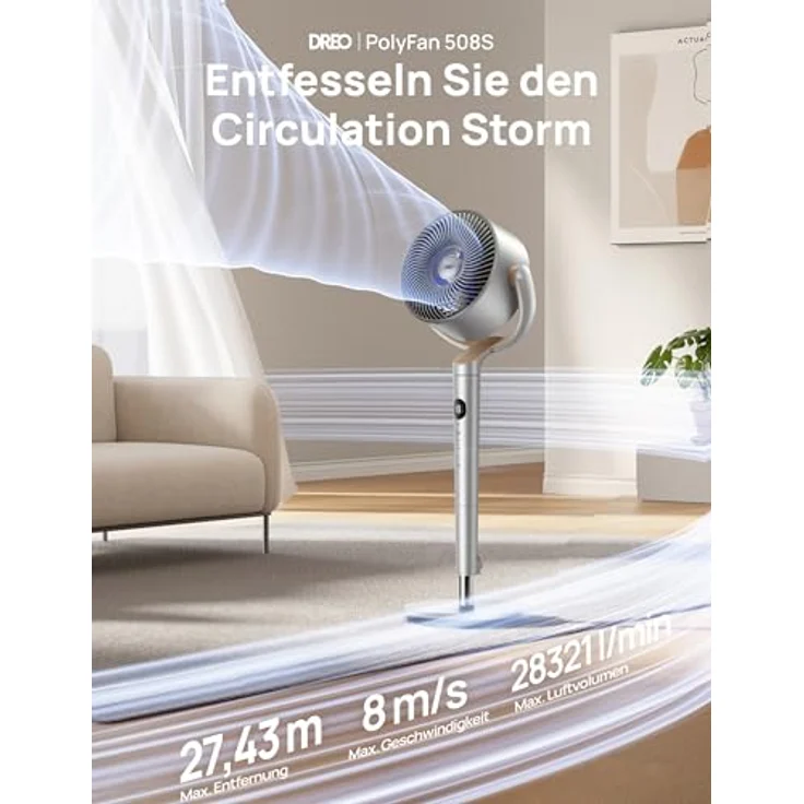 Dreo Smart Standventilator mit RGB Light, 120° +120° Oszillierend, 9 Geschwindigkeiten, 20dB Leiser Motor, Fernbedienung, 8H Timer, Silber – Bild 2