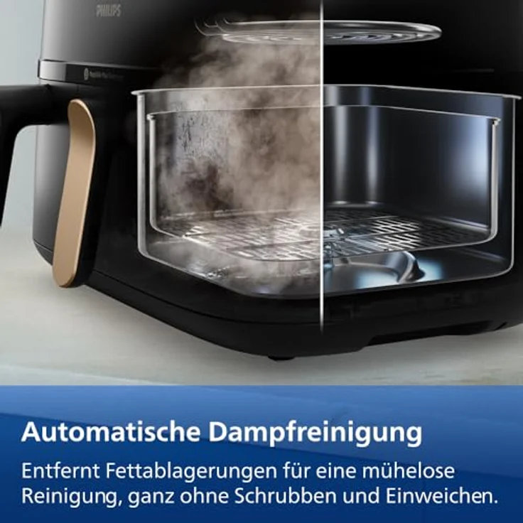 Philips Heißluftfritteuse 5000 Series NA552/00, Dual Basket mit Steam und 9L Kapazität (6L+3L), 2750 W, RapidAir Plus Technologie, Dampfreinigung, HomeID App, Schwarz/Kupfer – Bild 11