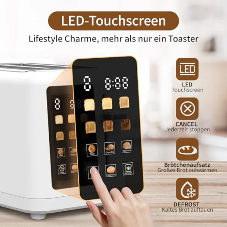 aeco toastlab MAX Toaster 2 Scheiben, LED Touchscreen, 850W, 6 Bräunungsstufen, Brötchenaufsatz, Auftaufunktion, Liftfunktion, weiß – Bild 3