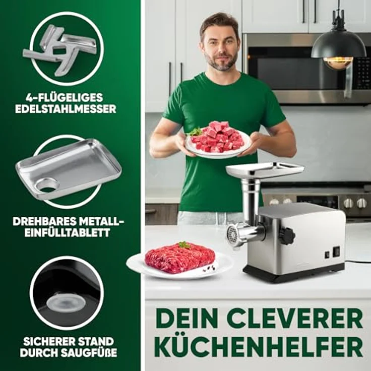 ProfiCook Fleischwolf PC-FW 1272, mit 3 Lochscheiben, Vor- und Rücklauffunktion, Edelstahlgehäuse – Bild 5