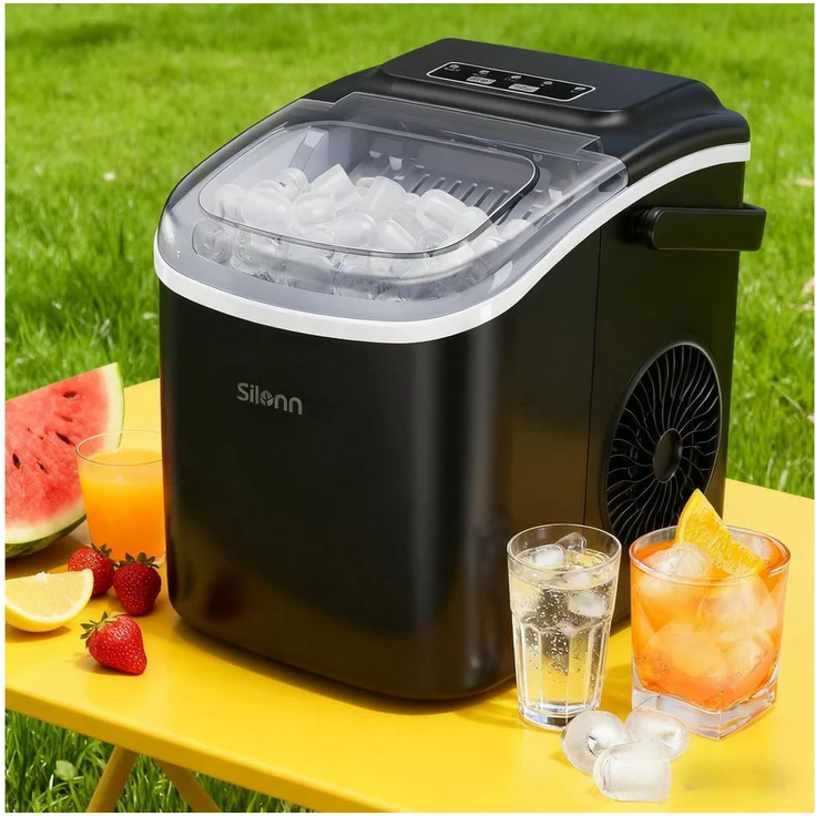 Silonn Eiswürfelmaschine Tragbar, 6-minütige Eisherstellung, 2 Eisgrößen, 12kg/Tag, Selbstreinigend, LED-Anzeige für Haushalt, Camping & Party