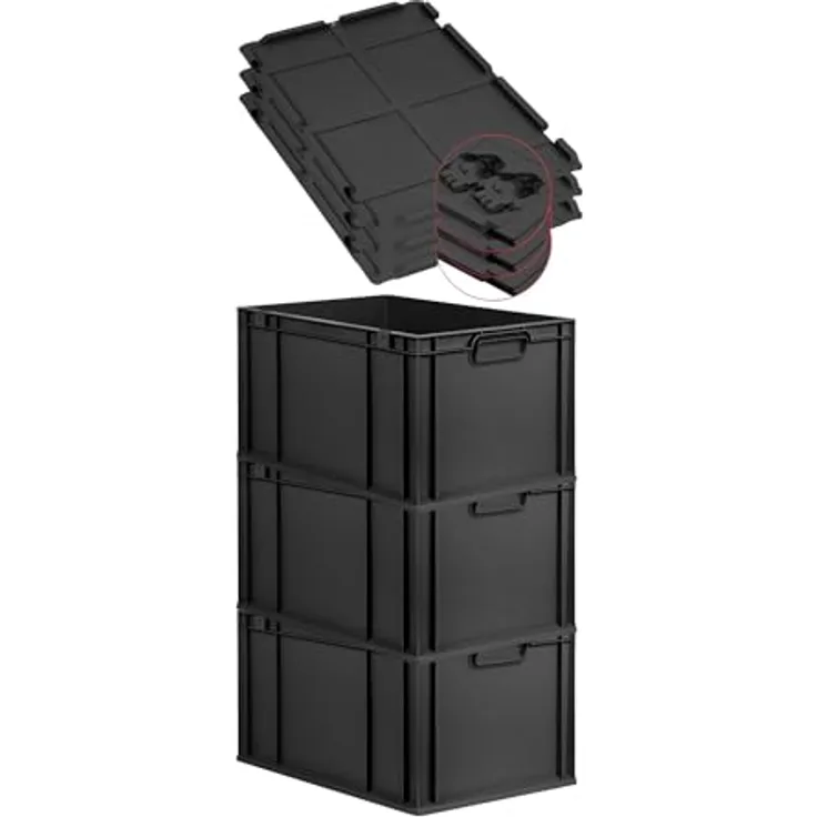 PROREGAL Eurobox NextGen Grip SuperSparSet, 3er Set mit Scharnierdeckel & schwarzen Schiebeschnappverschlüssen, 65L, HxBxT 32x40x60cm, Schwarz, transportabel, robust, umweltfreundlich
