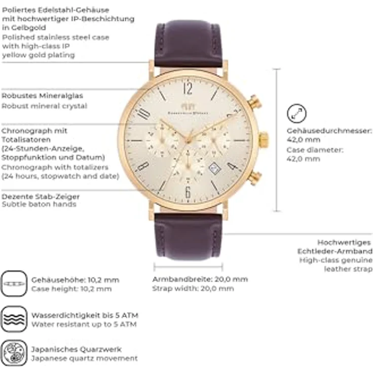 Rhodenwald & Söhne Herren Chronograph Uhr mit Japan Quarzwerk, 24-h-Anzeige, Stoppfunktion, braunes Echtlederarmband, Edelstahl-Gehäuse in Gelbgold, 42 mm, wasserdicht bis 5 ATM – Bild 2