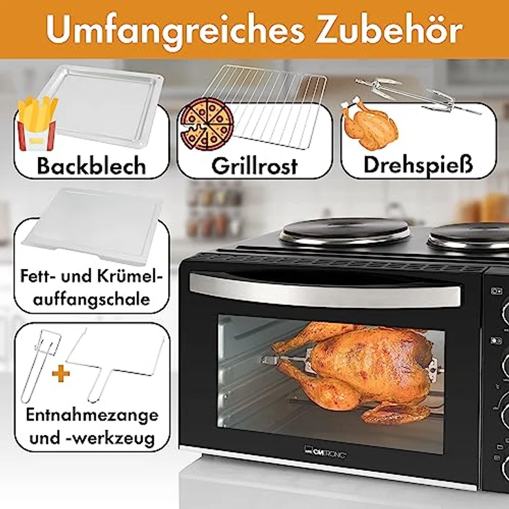 Clatronic® Mini-Backofen mit Kochplatten und Drehspieß - gleichzeitig kochen u. backen - Minibackofen 28L Umluft Ober-/Unterhitze 100°-230°C, Elektrischer Mini Ofen 3100 Watt inkl. Zubehör - KK 3786 – Bild 2