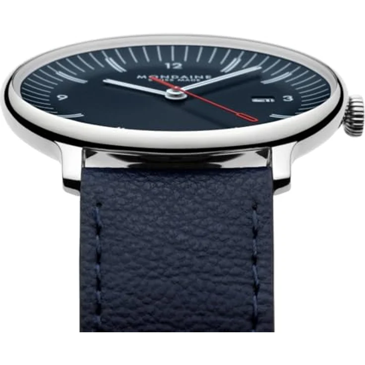 Mondaine Doppio Uhr 41mm Set, Blaues Zifferblatt, Doppelt Gewölbtes Saphirglas, Schweizer Quarzwerk, Wahres Apfellederarmband, Recycelter Edelstahl – Swiss Made – Bild 4