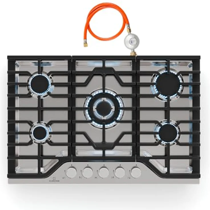Klarstein Turbocast Gaskochfeld - 5-Brenner Edelstahl 304, 3,4 kW Wokbrenner, Gusseiserne Pfannenhalter, Elektrische Zündung, Sicherheitsabschaltung, LPG-Umrüstsatz, Gasherd, 750x500 mm, Silber – Bild 1